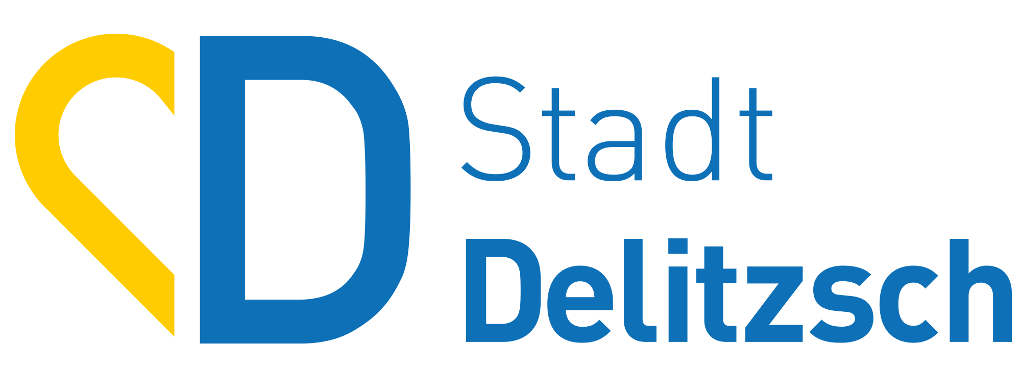 Logo der Stadt Delitzsch mit den Initialen in gelber und blauer Farbe